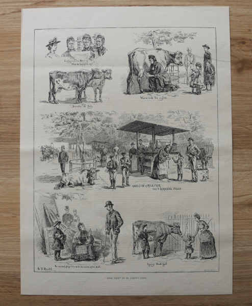 Wood Engraving St James Park 1885 S T Dadd milk fair